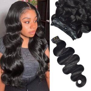 Clip In Hair Extensions Human Hair 16in Body Wave 6pcs Seamless Natural Black